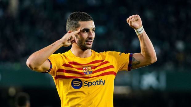 Ferran Torres pictured celebrating after scoring for Barcelona in a 4-2 win at Real Betis in January 2024